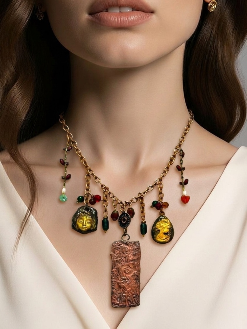 Italian Noblewoman Tiny Art Canvas Necklace | Glass, Clay Cameos & Copper - Picture 4 of 15